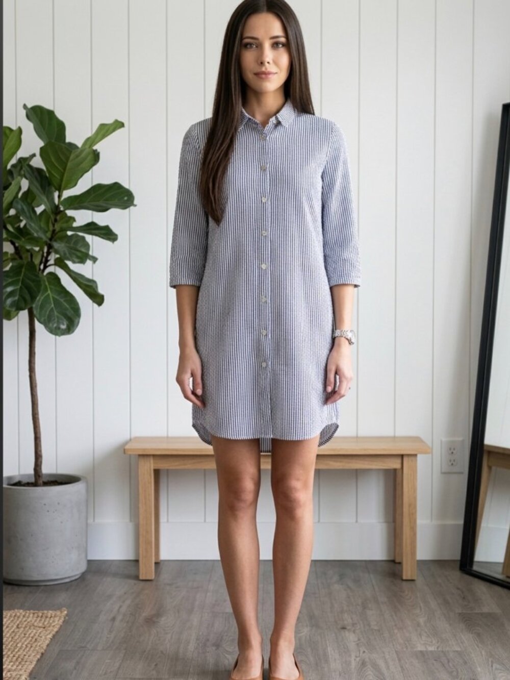 Stefanel XS 1/2 Sleeve Seersucker Button Down Shirt Mini Dress EUC